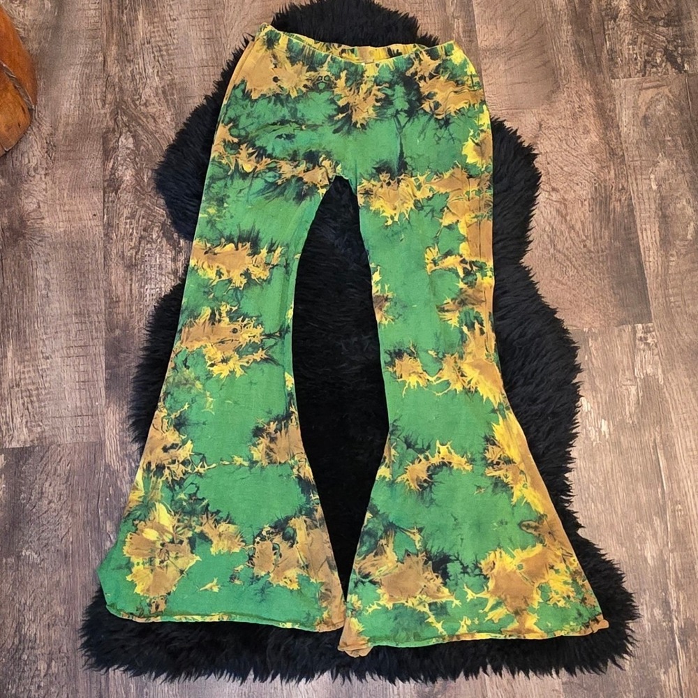 Green Tie Dye Flare Pants Low Rise Bell Bottoms Boho Festival 27" Small‎